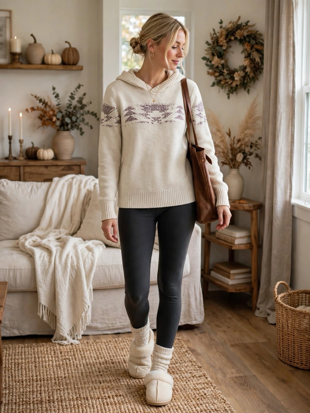 Vintage American Eagle Cream Hooded Fair Isle Pullover Sweater | Size L